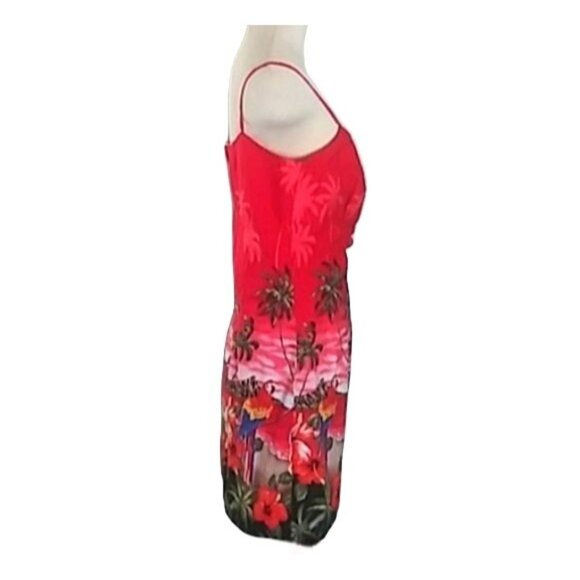 Tropical Print Red Spaghetti Strap Dress With Palm Trees & Parrots Size XL - Picture 6 of 9